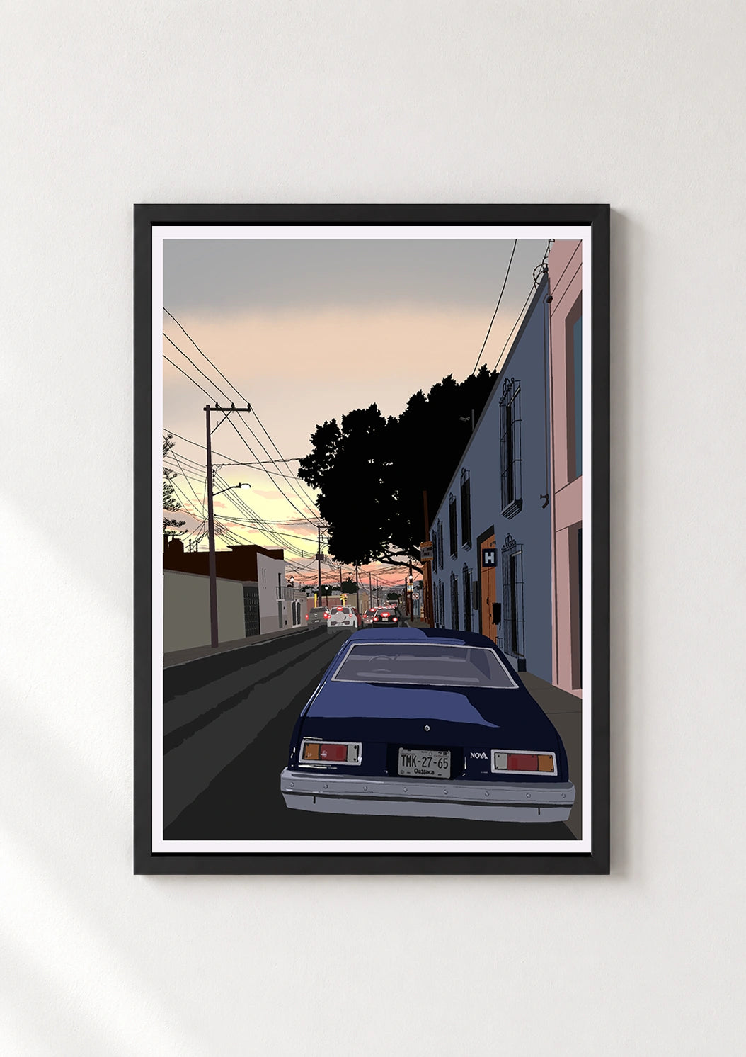 Oaxaca Nova poster in a thin black frame with a white mat, displayed against a plain white wall
