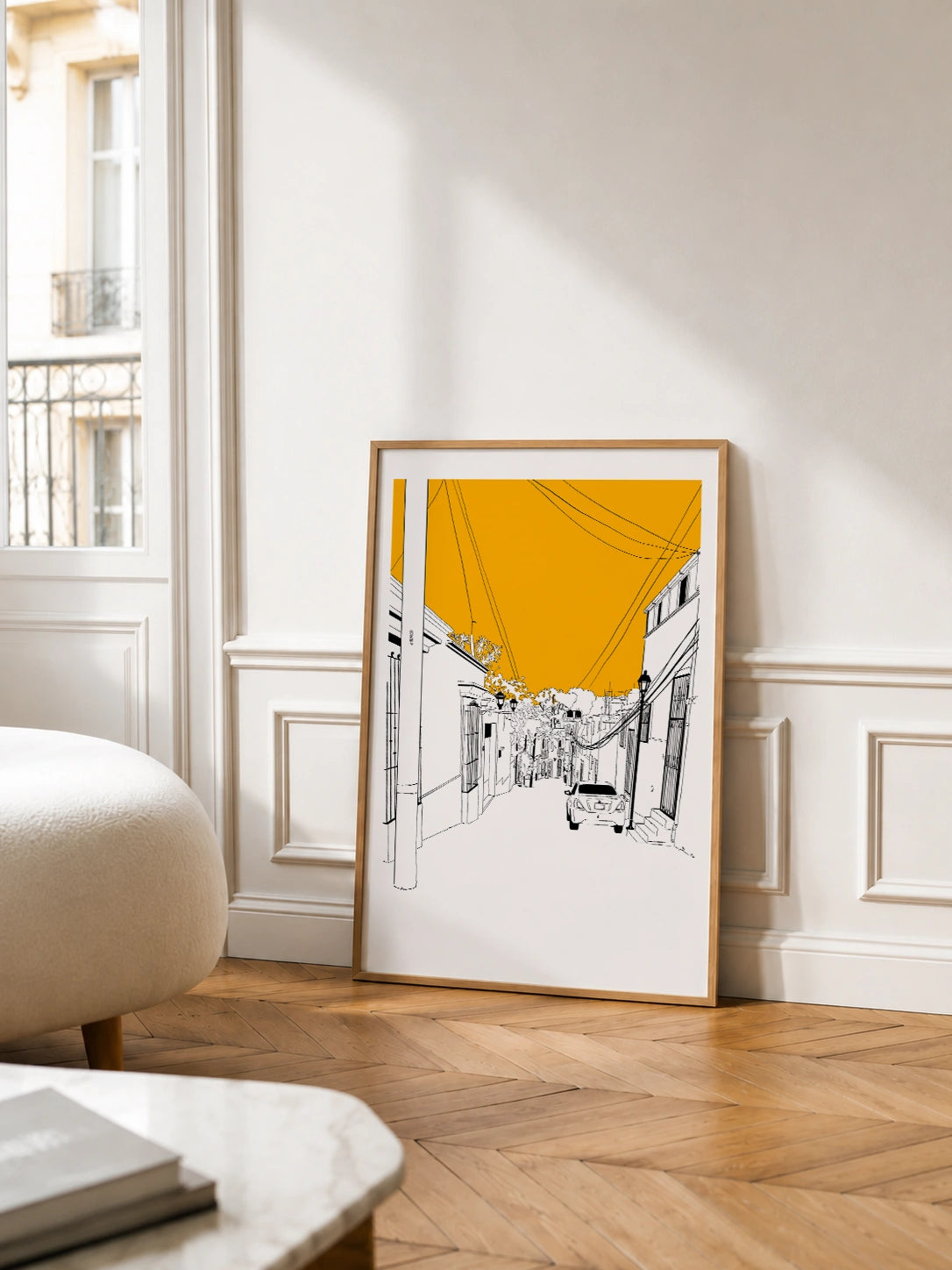 Oaxaca Street View framed poster in a Parisian living room with herringbone flooring and a balcony view
