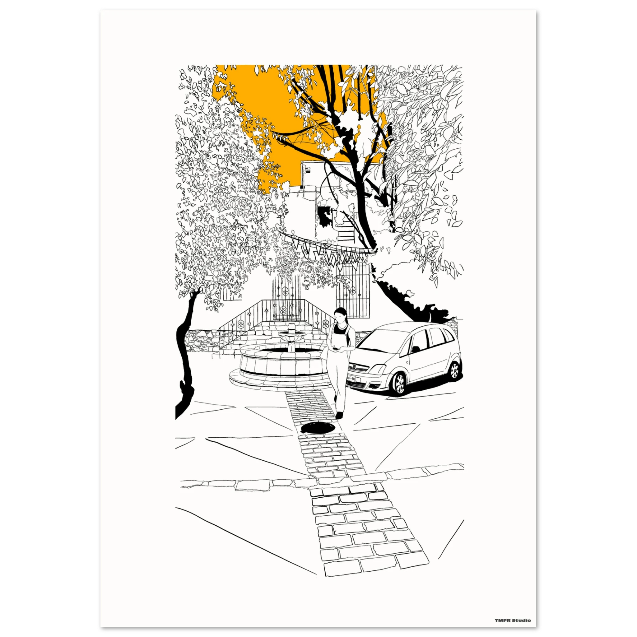 Black and white line drawing of a cobblestone street scene with a stone fountain, a woman walking, a parked car and overhanging trees, with a bright orange sky breaking through the branches