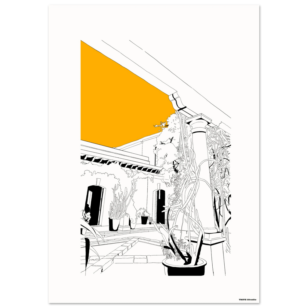 Black and white line drawing of a covered patio with a stone column, climbing vines, potted plants and a tiled roofline, with a bold orange triangle of sky in the upper corner