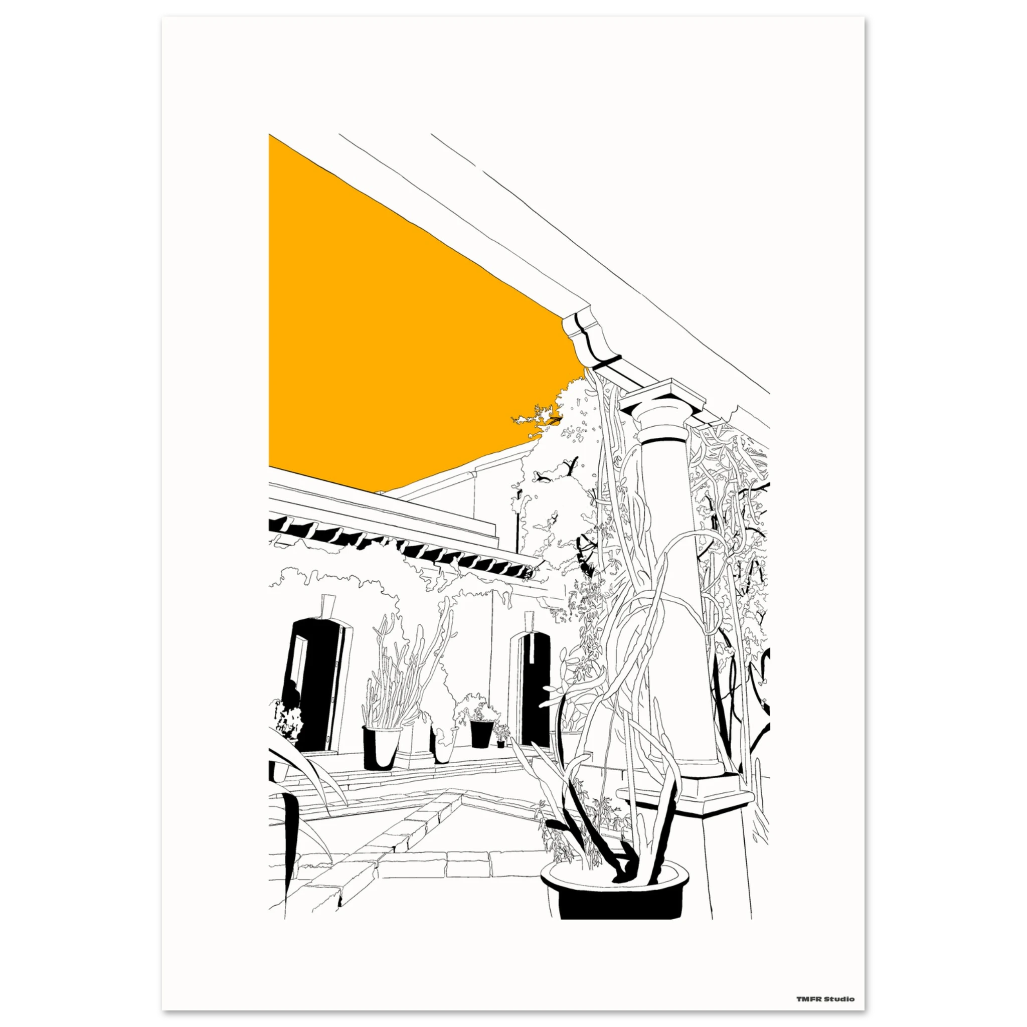 Black and white line drawing of a covered patio with a stone column, climbing vines, potted plants and a tiled roofline, with a bold orange triangle of sky in the upper corner