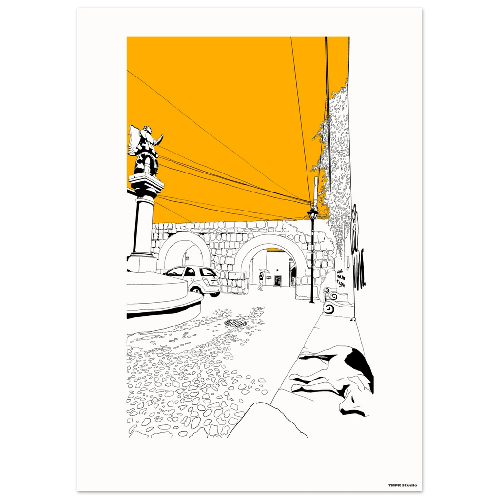 Black and white line drawing of a stone archway with a statue on a column, power lines crossing an orange sky, a parked car and a dog resting in the foreground