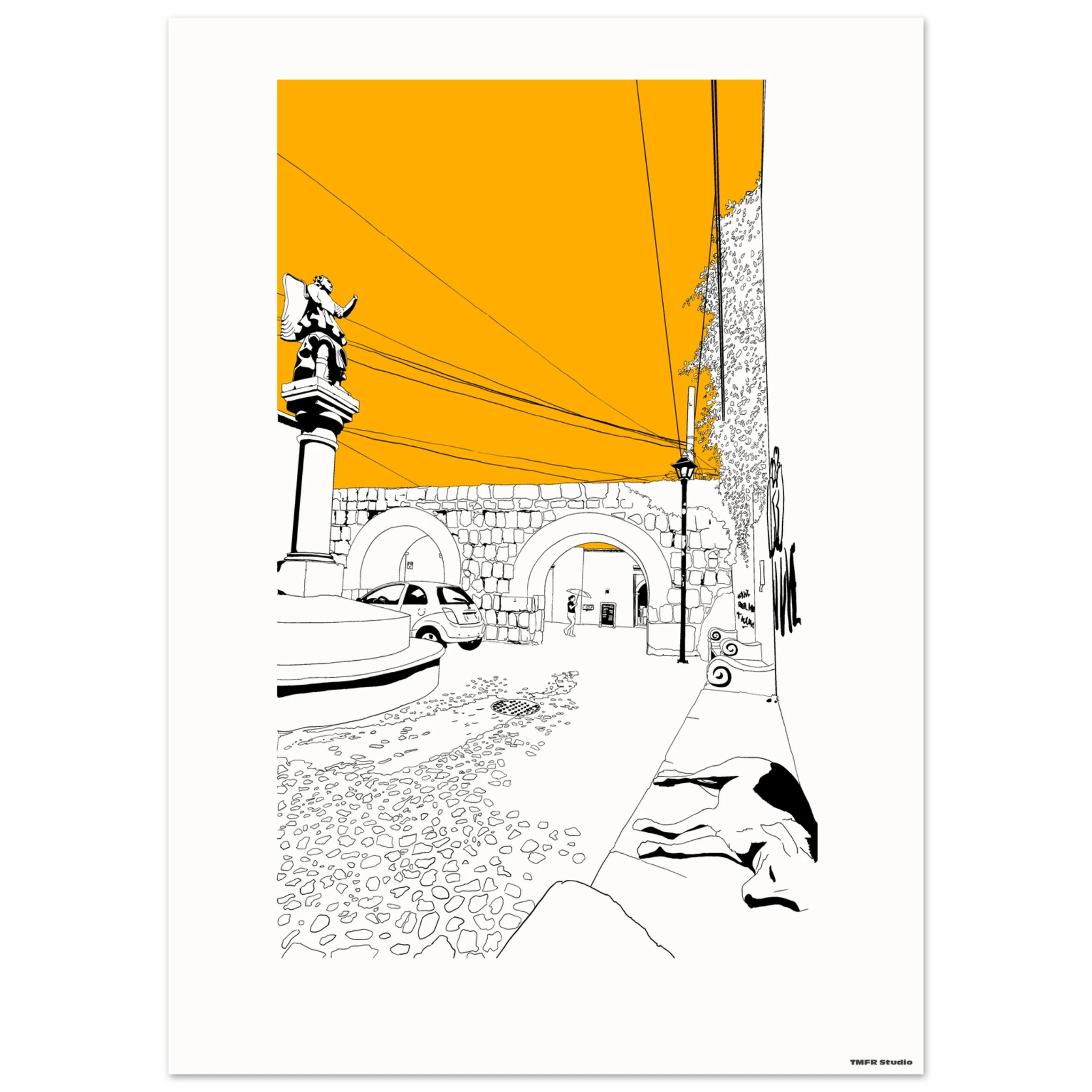 Black and white line drawing of a stone archway with a statue on a column, power lines crossing an orange sky, a parked car and a dog resting in the foreground