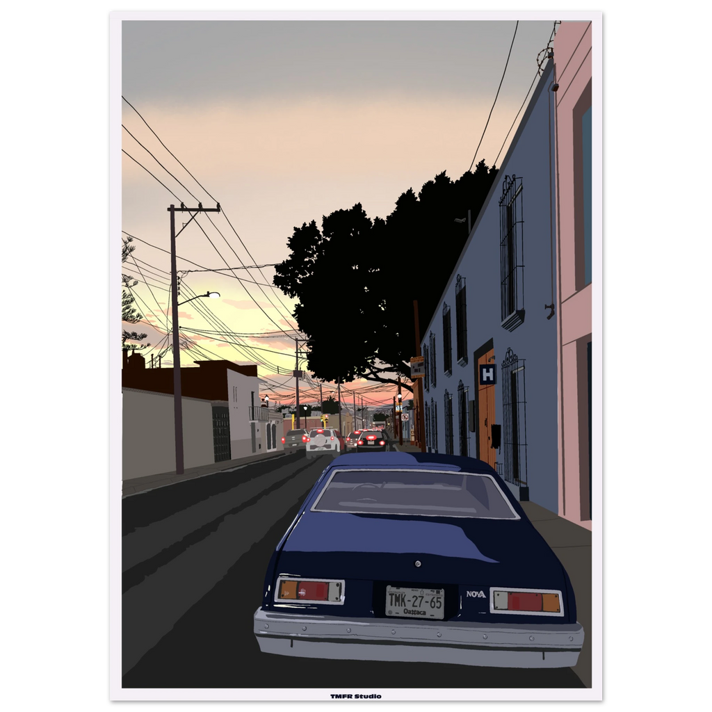 Illustration of an Oaxaca street at dusk, colorful pink and blue facades, power lines, a silhouetted tree and a blue Chevrolet Nova seen from behind in the foreground