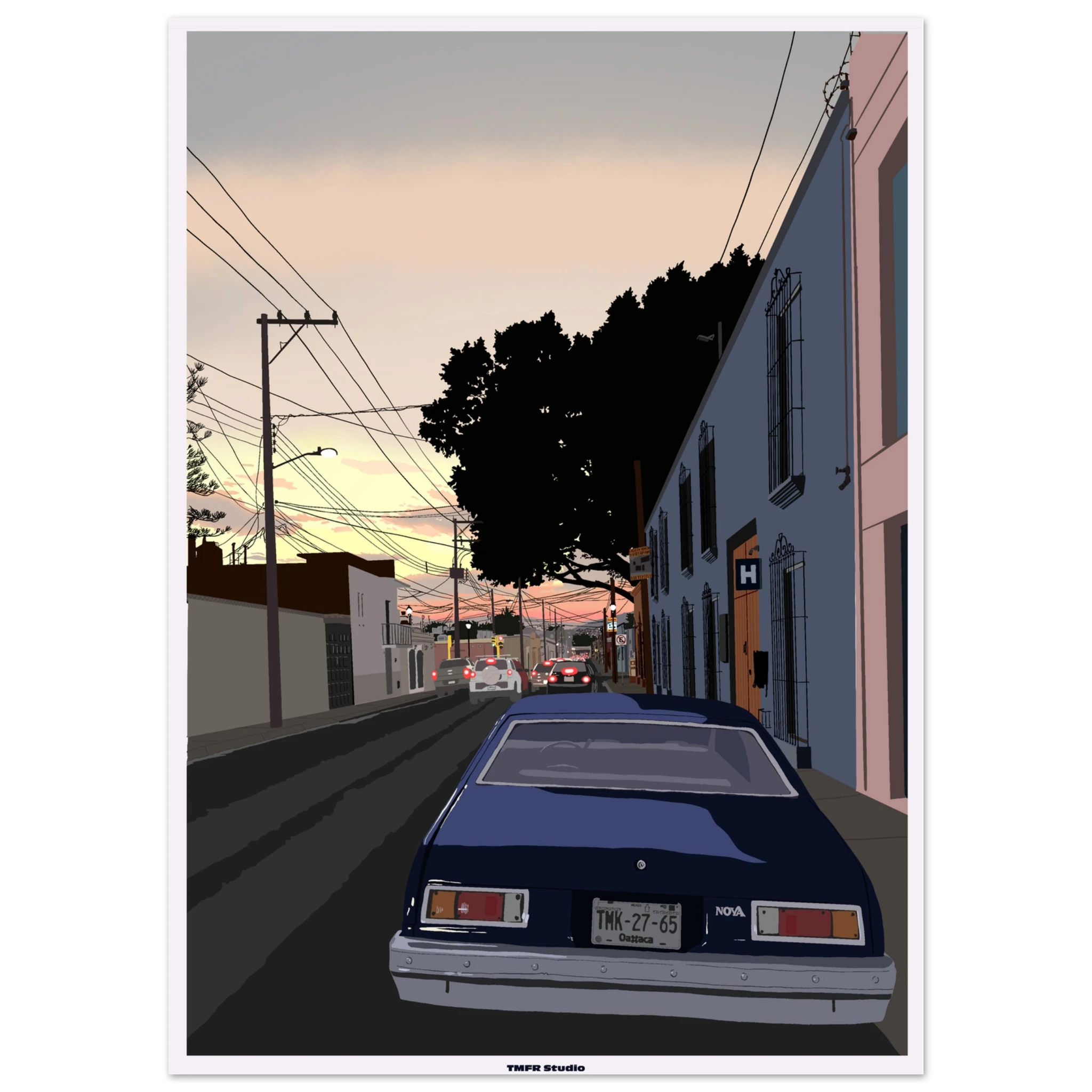 Illustration of an Oaxaca street at dusk, colorful pink and blue facades, power lines, a silhouetted tree and a blue Chevrolet Nova seen from behind in the foreground