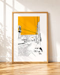 framed Black and white line drawing of a stone archway with a statue on a column, power lines crossing an orange sky, a parked car and a dog resting in the foreground