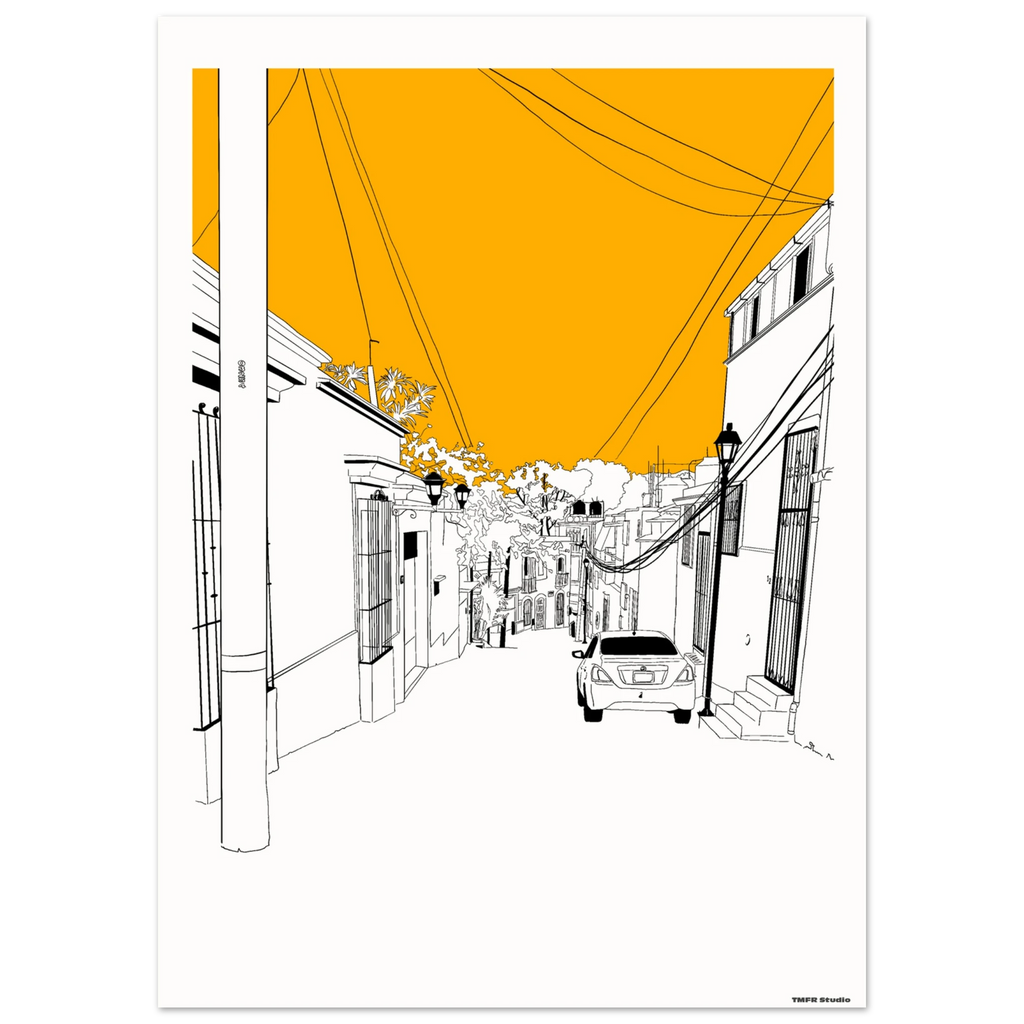 Illustration of a narrow Oaxaca street with white colonial buildings, power lines, a parked car, and an orange sky

