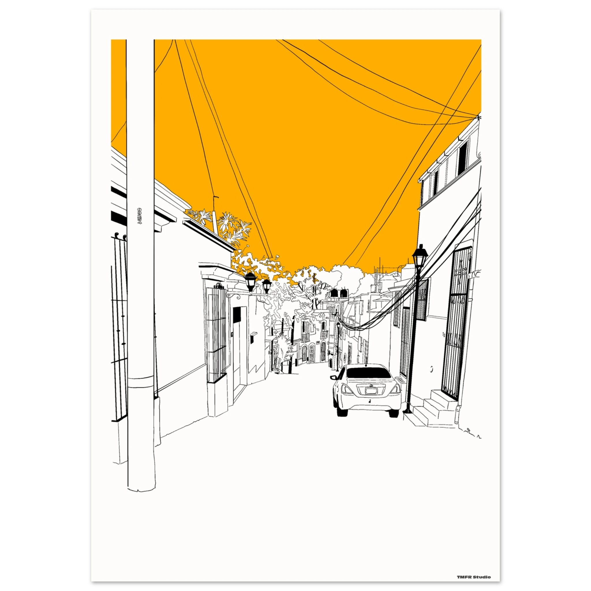 Illustration of a narrow Oaxaca street with white colonial buildings, power lines, a parked car, and an orange sky

