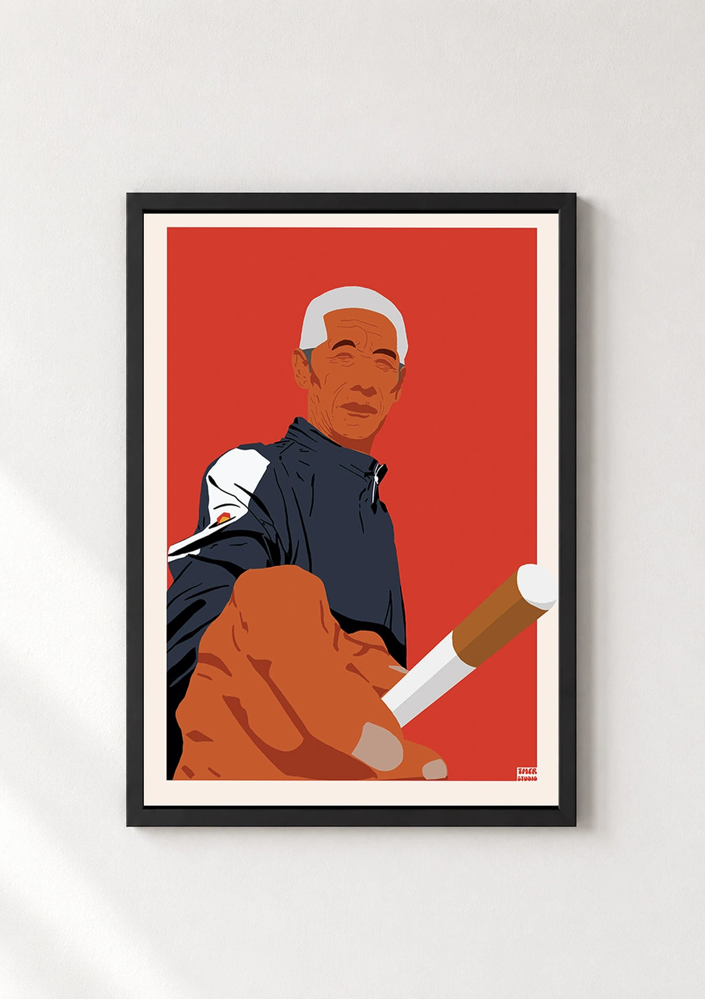 Old Man Cigarette poster in a thin black frame displayed against a plain white wall
