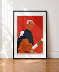 framed Bold illustrated portrait of an elderly man with white hair wearing a navy and white track jacket, holding a cigarette toward the viewer, set against a bright red background