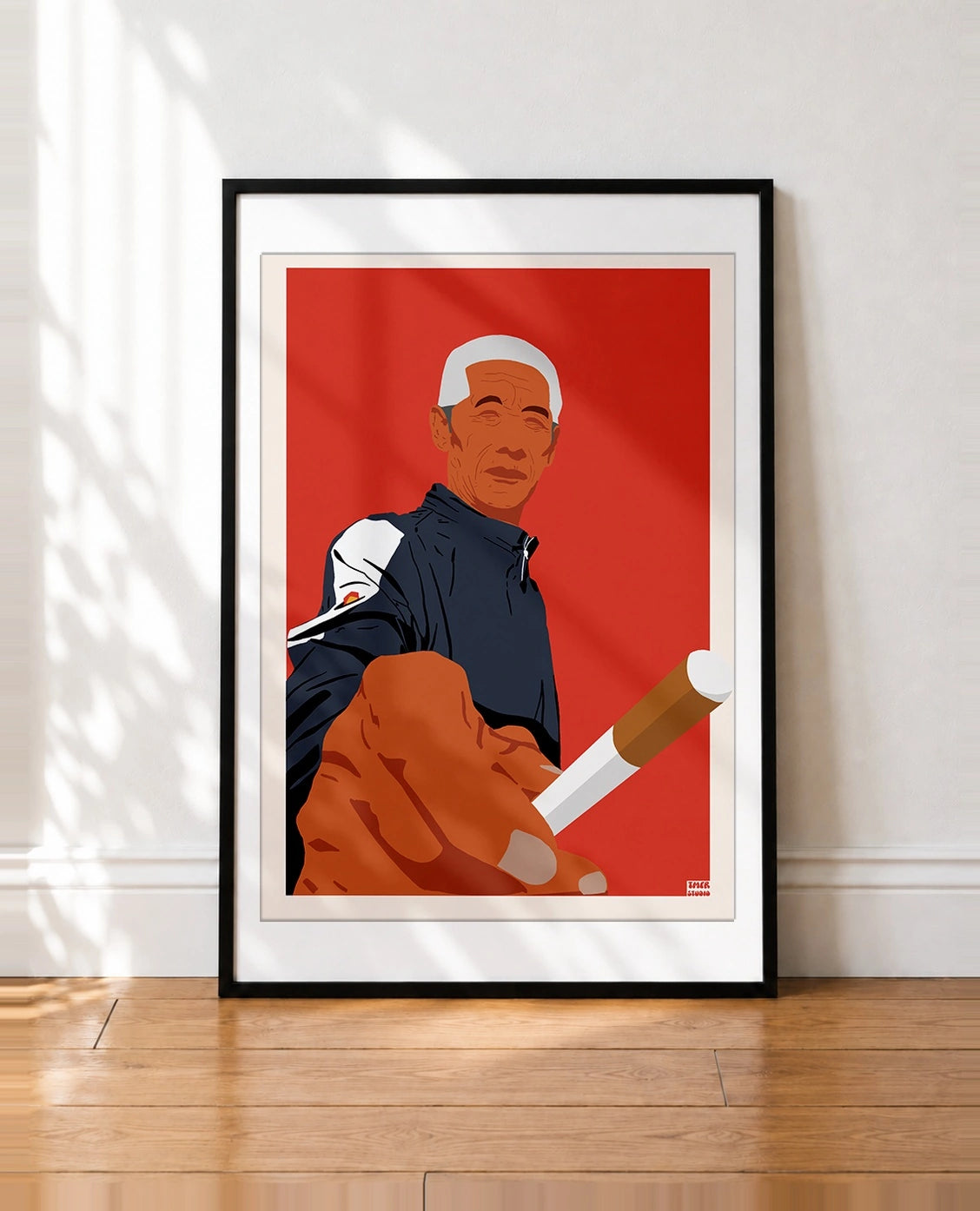 framed Bold illustrated portrait of an elderly man with white hair wearing a navy and white track jacket, holding a cigarette toward the viewer, set against a bright red background