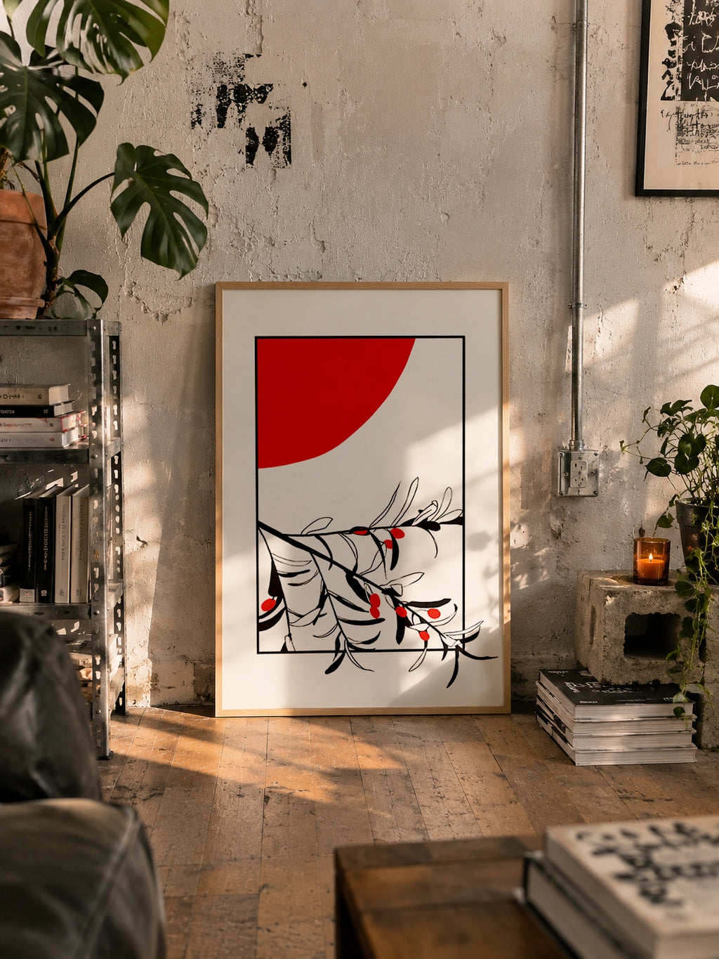 Olive tree branch framed poster with a red sun leaning against a wall in an industrial loft
