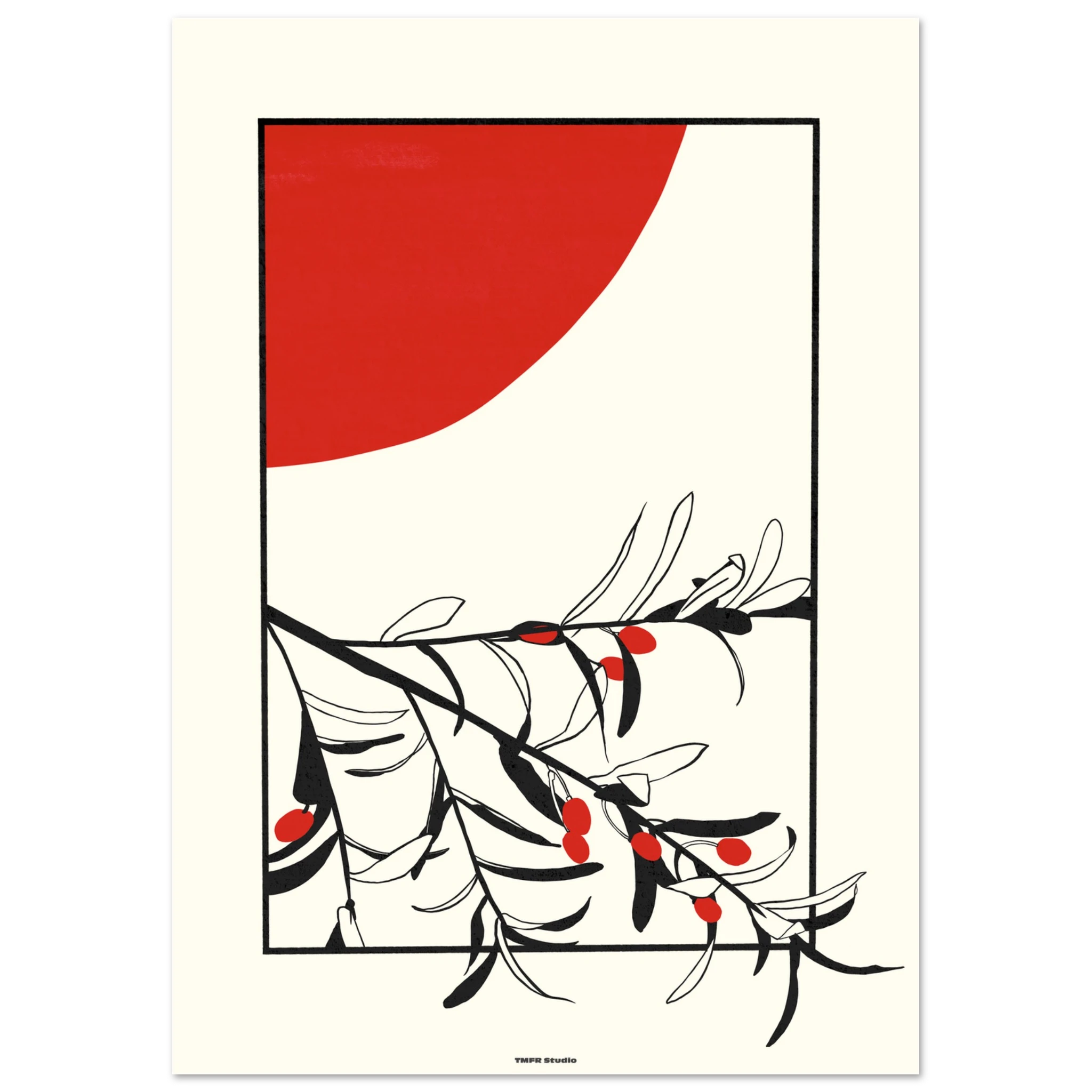 Olive tree branch framed poster in red and black
