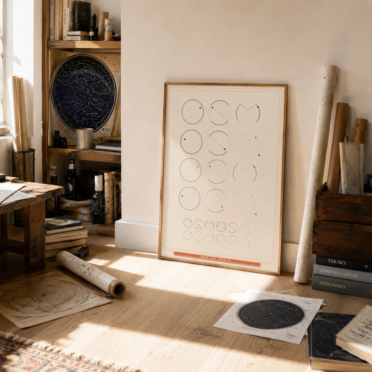 Osmos diagram poster leaning against a wall in a study filled with star maps and astronomy books
