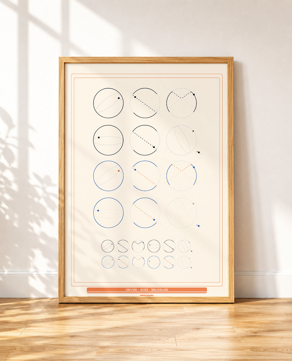 A framed minimalist art print featuring geometric diagrams and the word 'OSMOSA' repeated at the bottom, leaning against a white wall on a wooden floor with soft window shadows.
