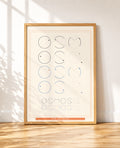 A framed minimalist art print featuring geometric diagrams and the word 'OSMOSA' repeated at the bottom, leaning against a white wall on a wooden floor with soft window shadows.