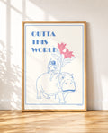 Outta This World framed poster with an astronaut on a hippo leaning against a wall in a bedroom
