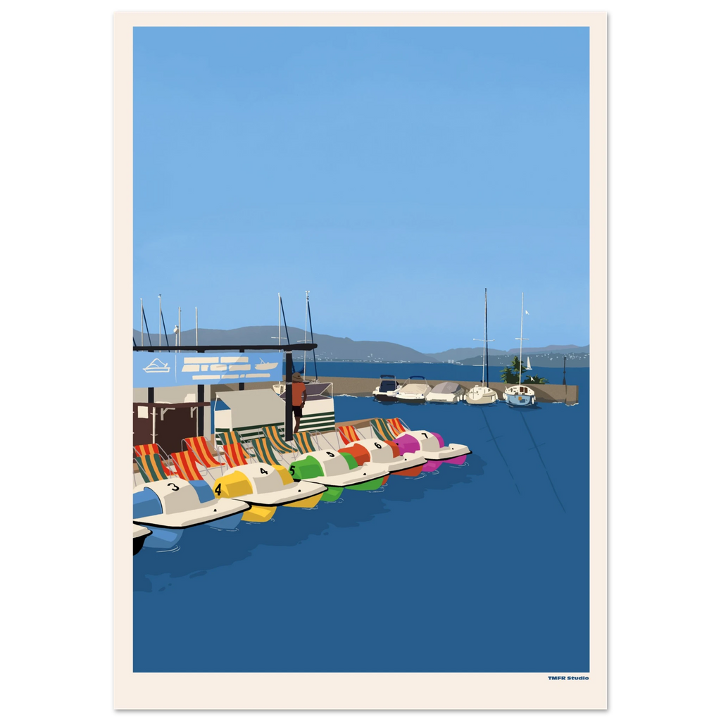 print of colorful pedal boats docked on a lake with sailboats and mountains