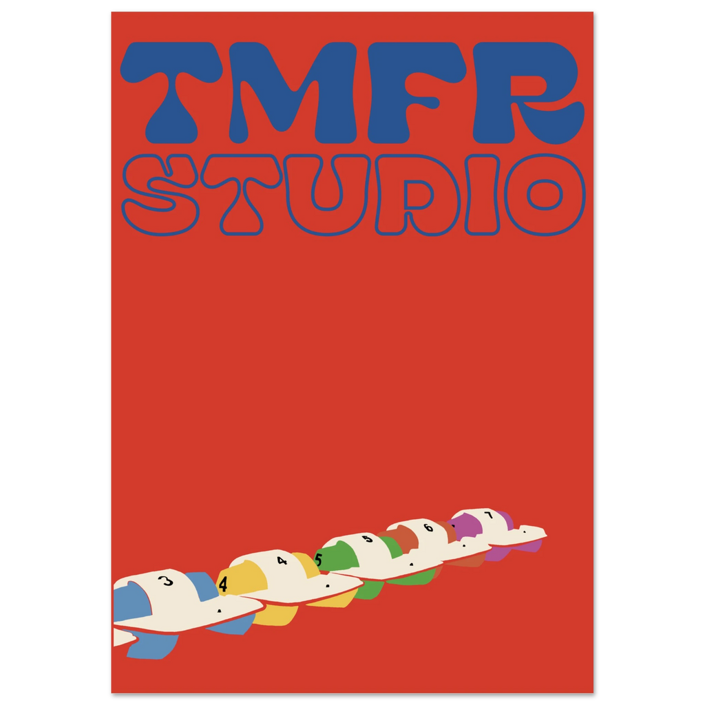 Bold red graphic poster with the rounded blue lettering TMFR STUDIO at the top and a diagonal row of colorful numbered baseball caps trailing across the bottom