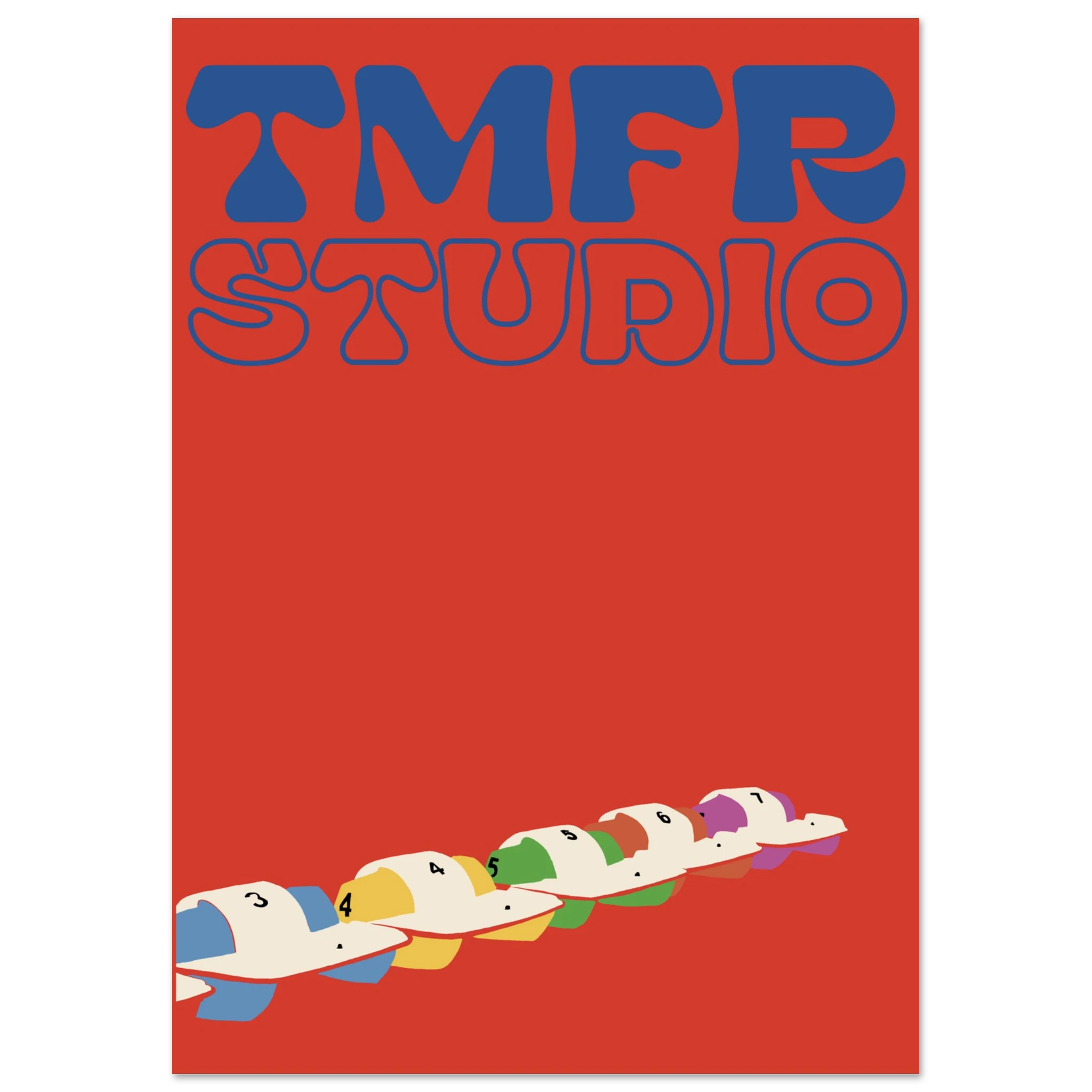 Bold red graphic poster with the rounded blue lettering TMFR STUDIO at the top and a diagonal row of colorful numbered baseball caps trailing across the bottom