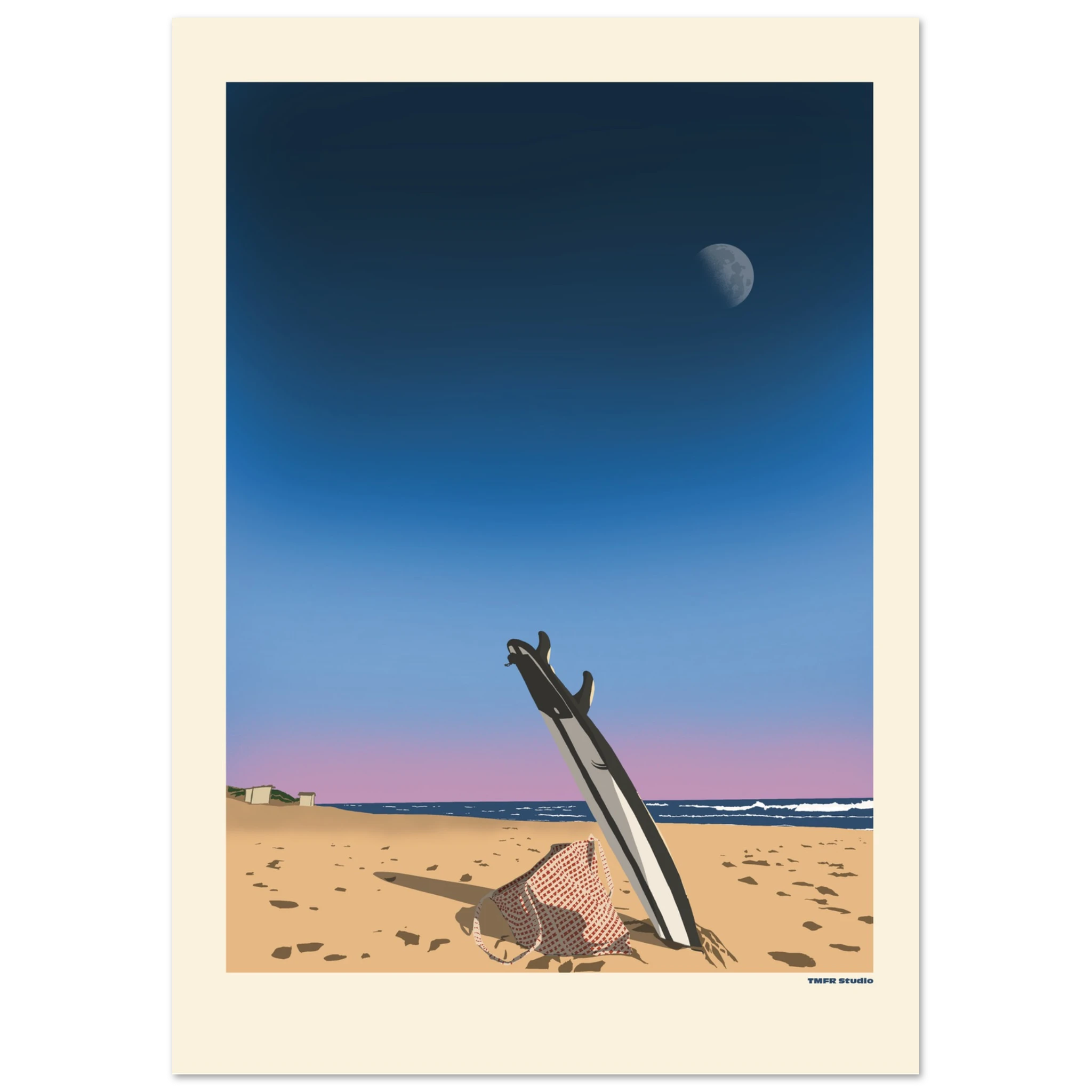 Illustration of a surfboard standing upright in beach sand at dusk with a beach bag, ocean waves, and a half moon in the sky