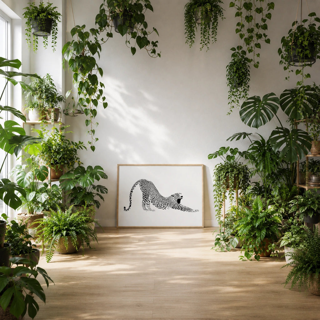 Framed leopard stretching print leaning on the floor surrounded by lush green plants and hanging vines
