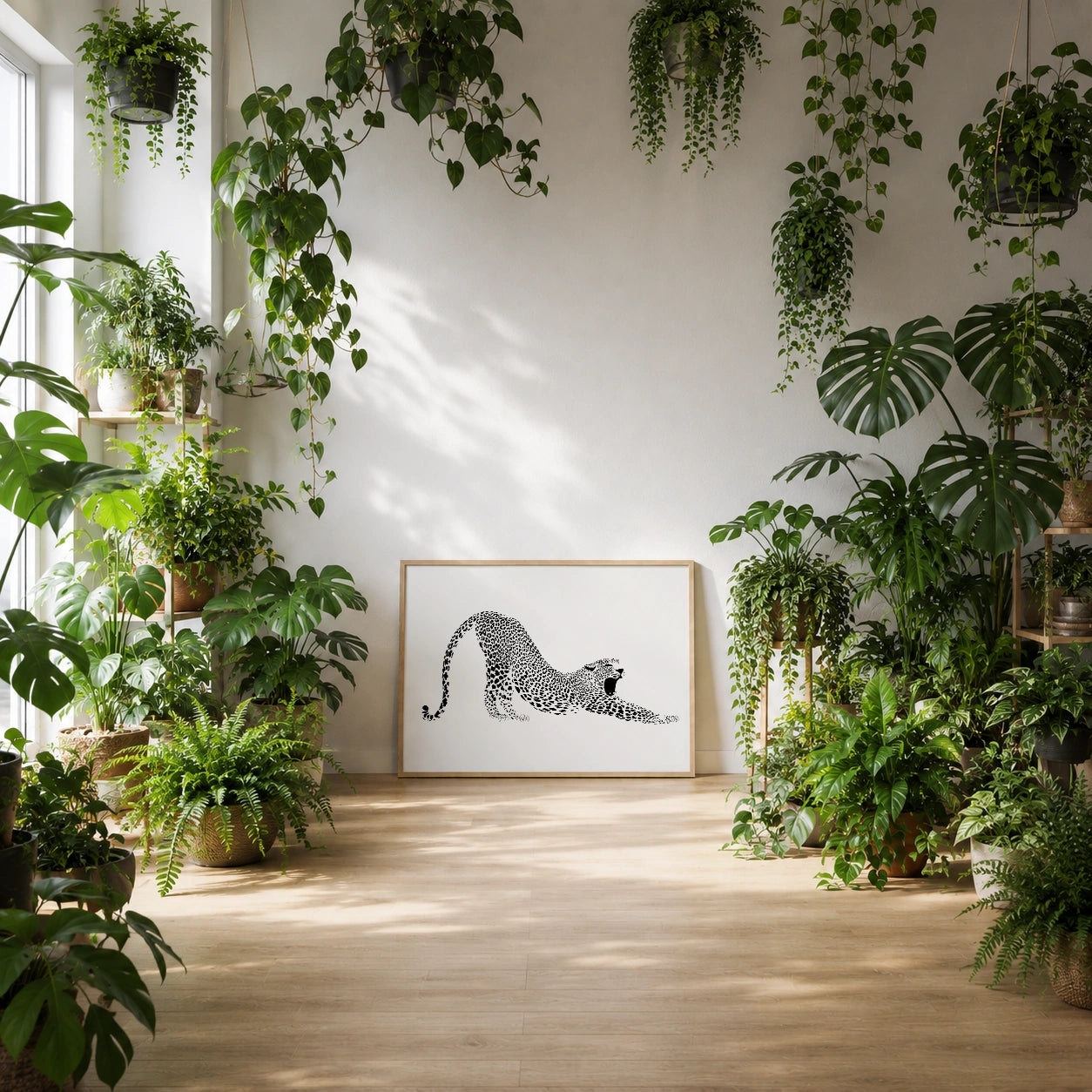 Framed leopard stretching print leaning on the floor surrounded by lush green plants and hanging vines
