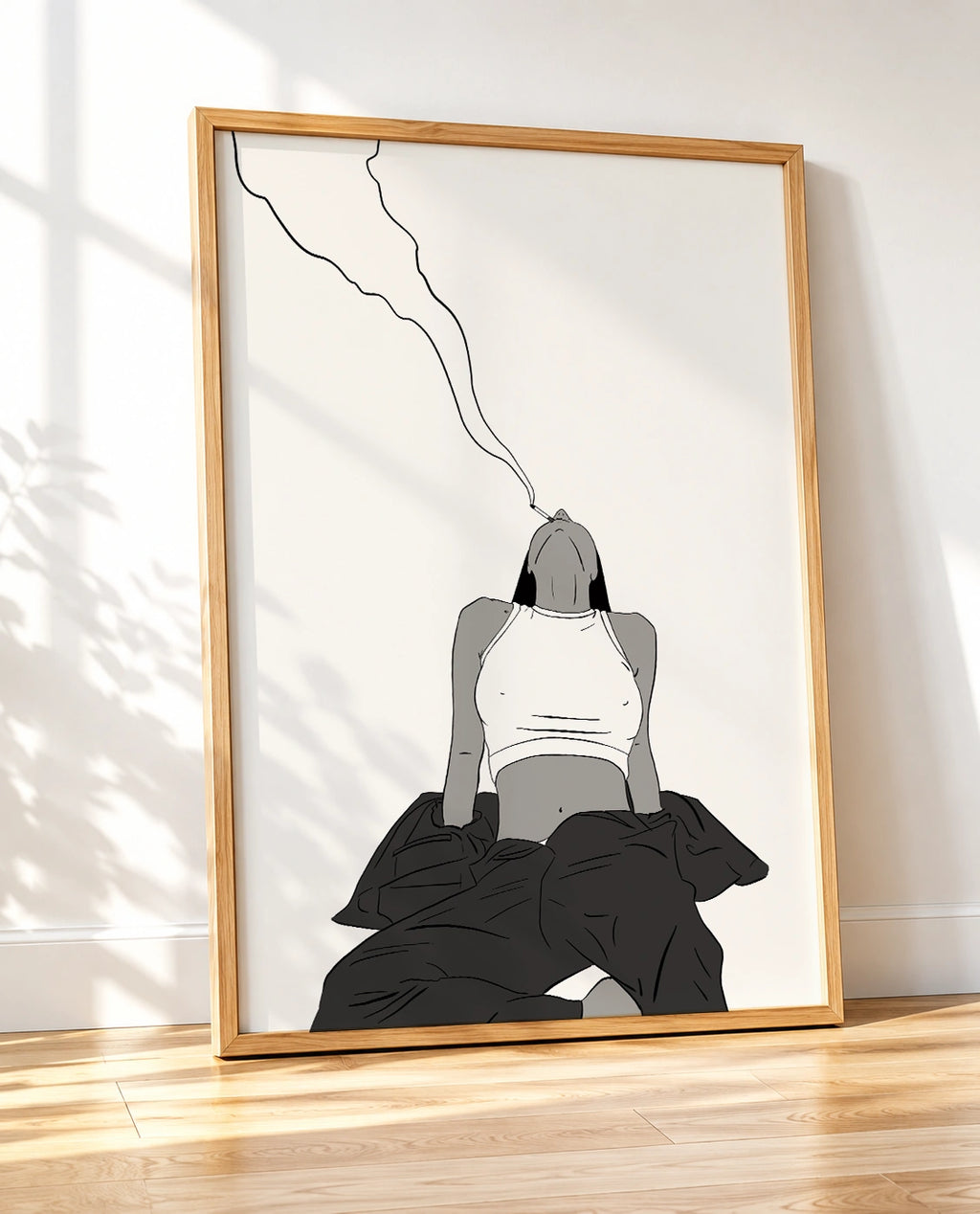 Wooden framed print shown at an angle of a woman exhaling smoke draped in dark fabric
