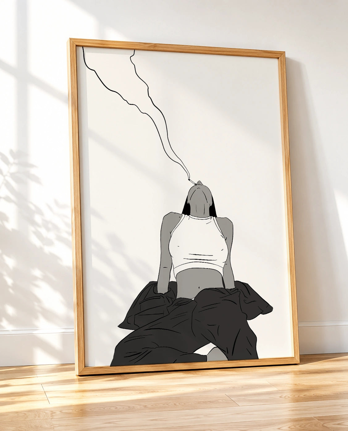Wooden framed print shown at an angle of a woman exhaling smoke draped in dark fabric
