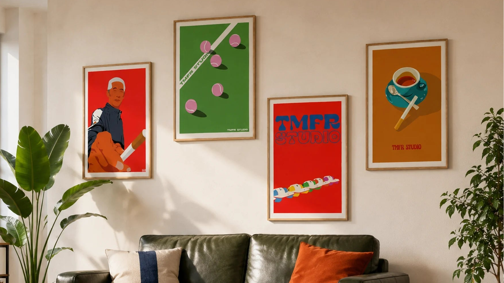 Living room with a green leather sofa, colorful posters on the wall, and plants.