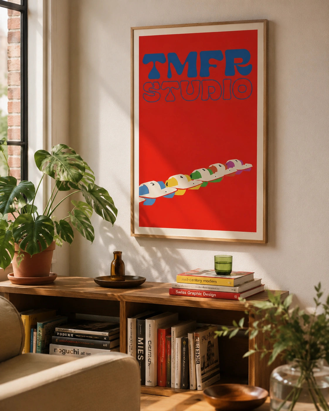 Framed TMFR Studio poster hanging above a wooden console table with design books, a green glass, a monstera plant and a built-in bookshelf
