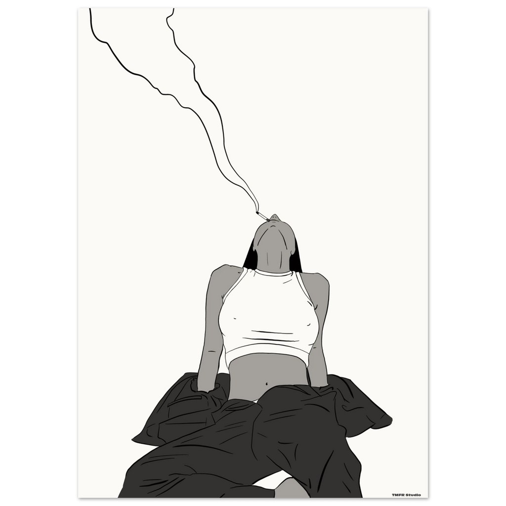 Black and white illustration of a woman with her head tilted back exhaling a wavy line of smoke, draped in dark fabric