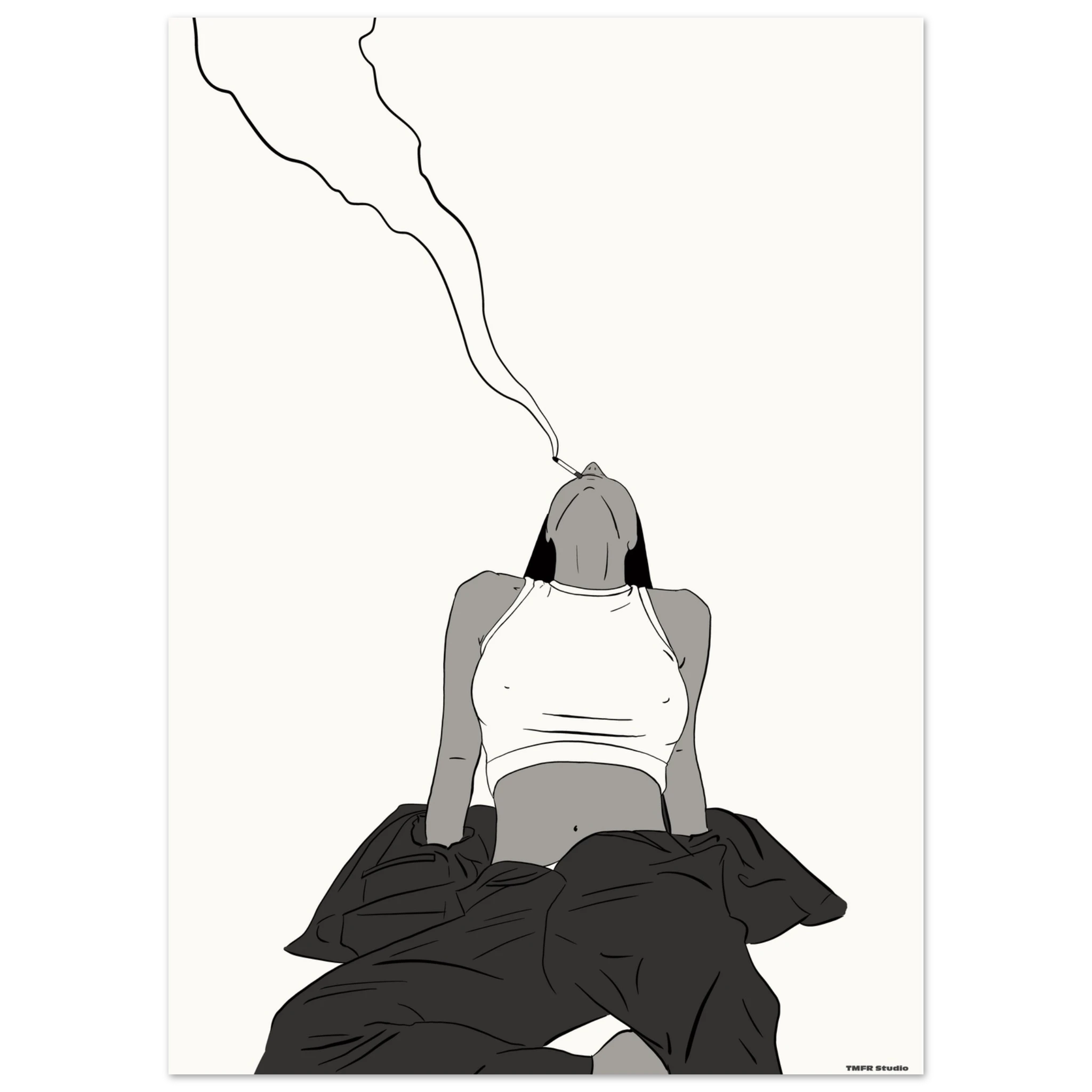 Black and white illustration of a woman with her head tilted back exhaling a wavy line of smoke, draped in dark fabric